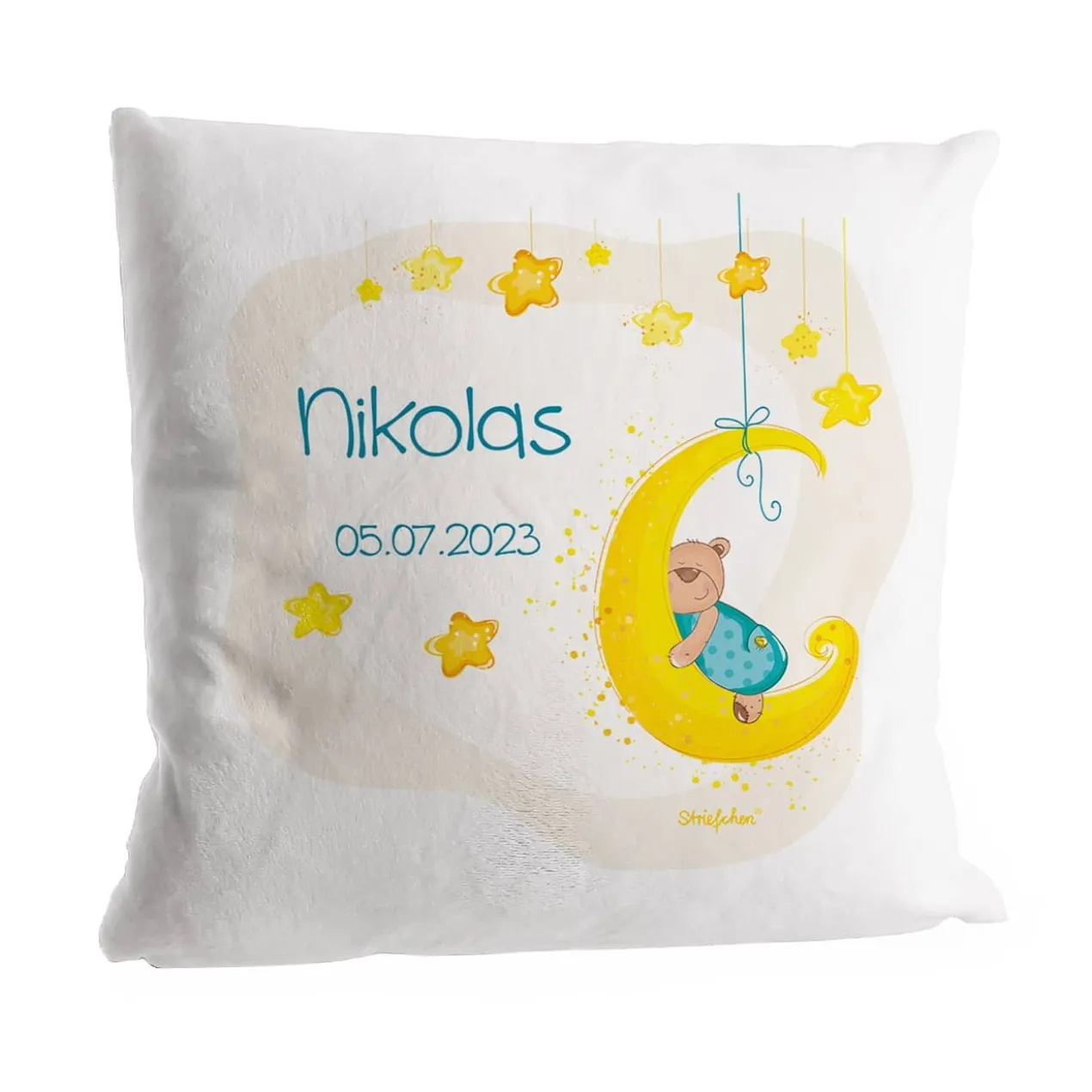 Samtweiches Kuschelkissen zur Geburt mit süßem Teddymotiv