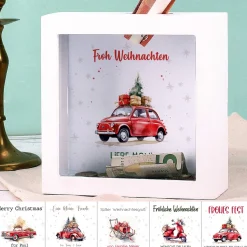 Santa`s Fuhrpark - weihnachtliche Bilderrahmenspardose mit Wunschtext