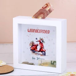 Santa`s Fuhrpark - weihnachtliche Bilderrahmenspardose mit Wunschtext