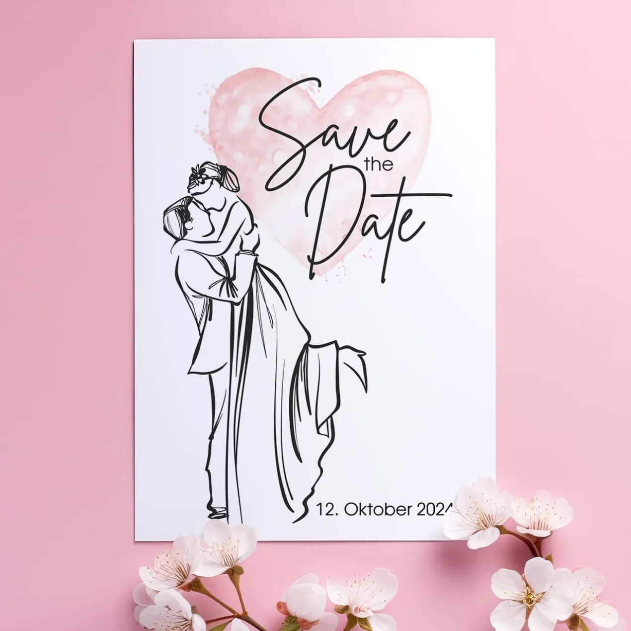 Save the Date Karte mit Brautpaar und rosa Watercolorherz