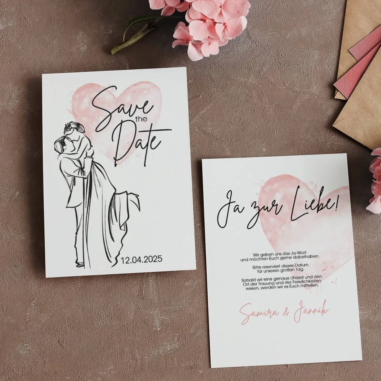 Save the Date Karte mit Brautpaar und rosa Watercolorherz