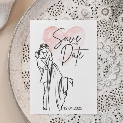 Save the Date Karte mit Brautpaar und rosa Watercolorherz