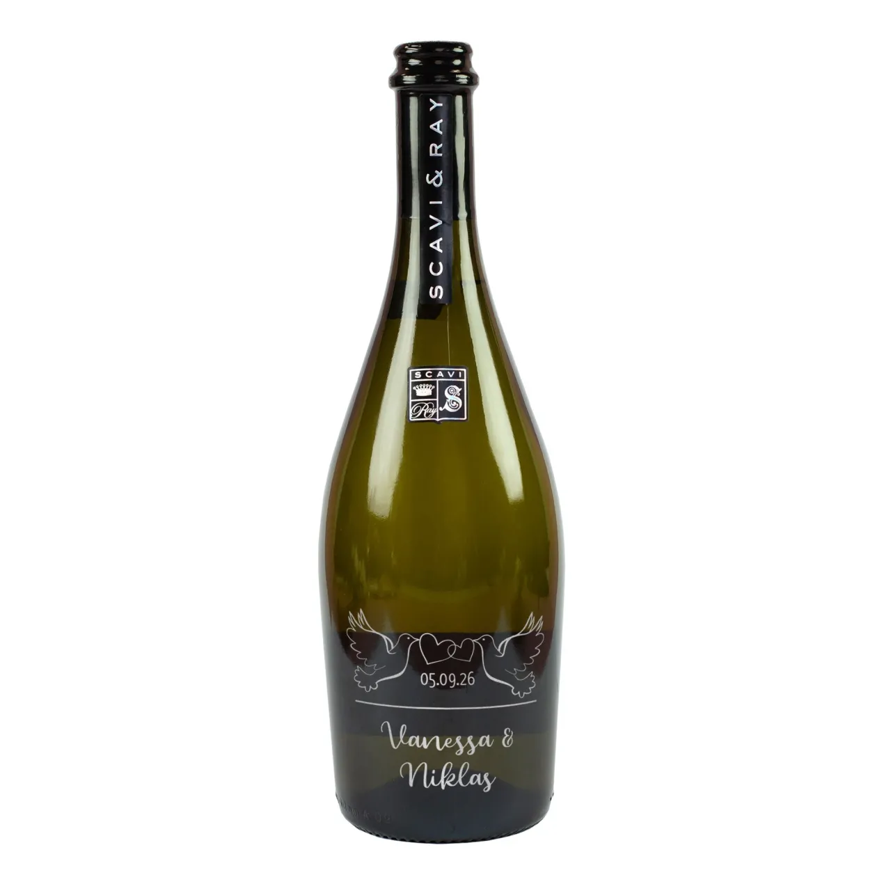 Scavi & Ray Gravierte Seccoflasche mit Taubenmotiv, Namen und Datum zur Hochzeit