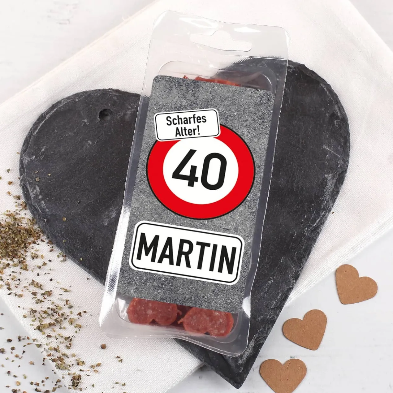 Scharfes Alter - Salami-Snack zum Geburtstag mit Name und Alter bedruckt
