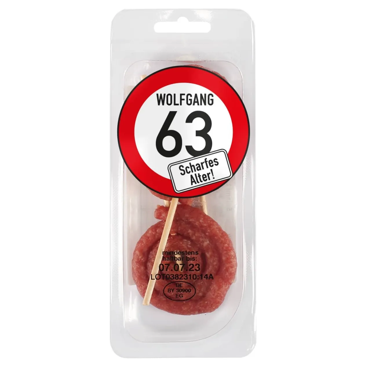 Scharfes Alter - Salami-Snack zum Geburtstag mit Name und Alter bedruckt
