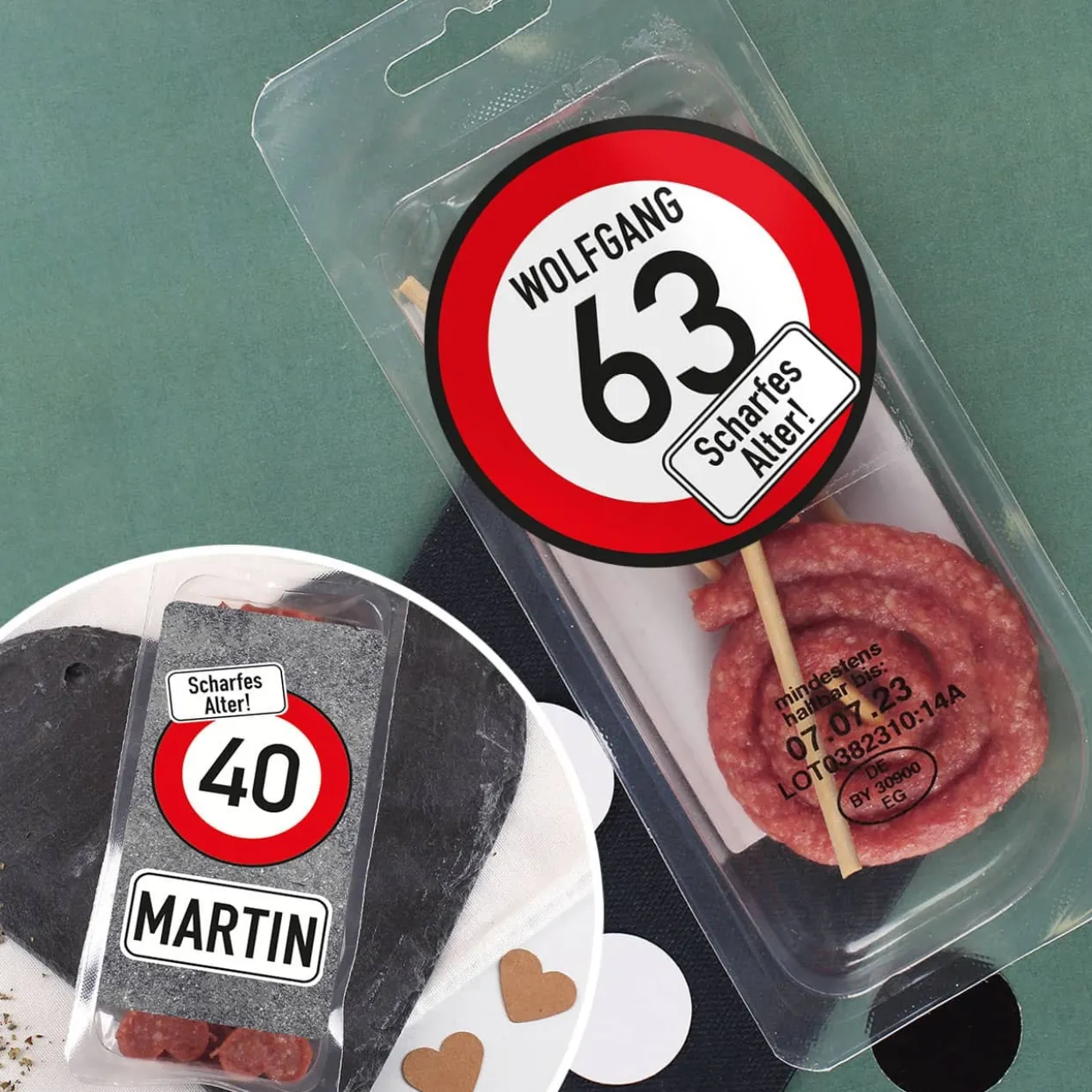 Scharfes Alter - Salami-Snack zum Geburtstag mit Name und Alter bedruckt