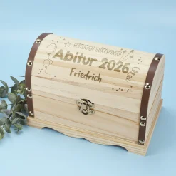 Schatztruhe mit Glückwunschmotiv personalisiert mit Wunschtext | Holzkiste | 3 Größen