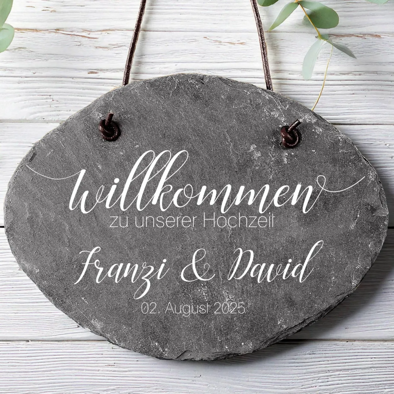 Schieferplatte - Willkommen zu unserer Hochzeit - mit Namen und Datum bedruckt