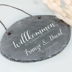 Schieferplatte - Willkommen zu unserer Hochzeit - mit Namen und Datum bedruckt