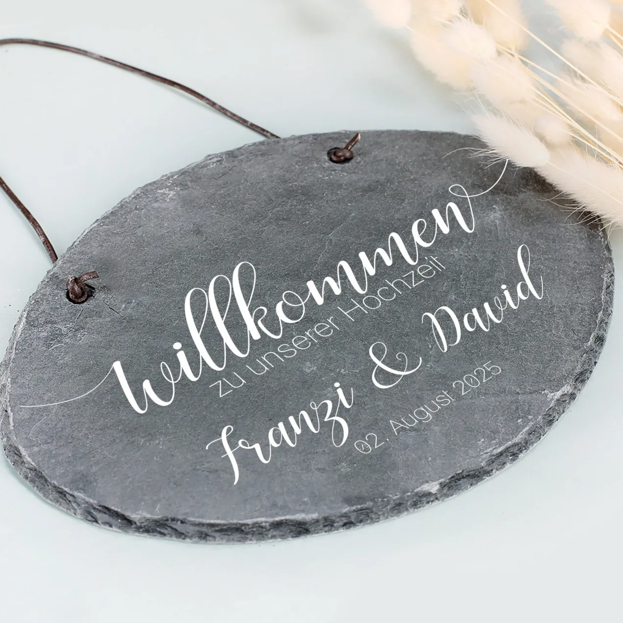 Schieferplatte - Willkommen zu unserer Hochzeit - mit Namen und Datum bedruckt