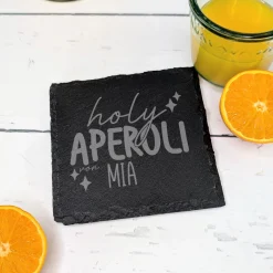 Schiefer-Untersetzer 'Holy Aperoli' personalisiert mit Name für Mädelsabend & Geburtstag