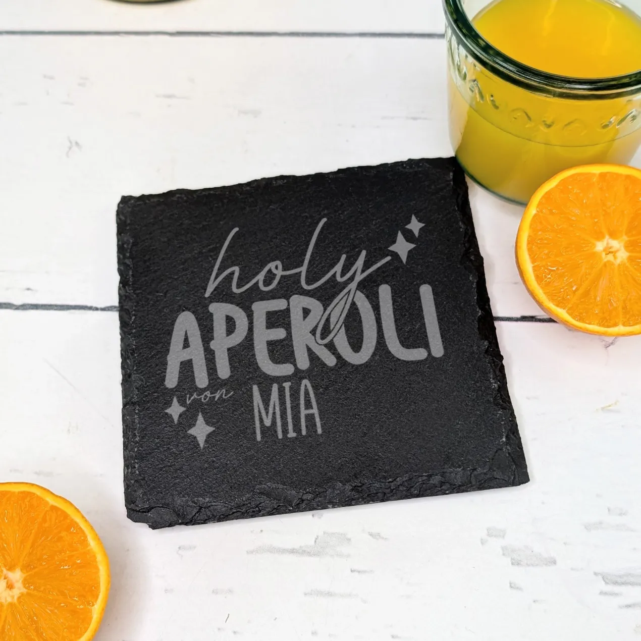 Schiefer-Untersetzer 'Holy Aperoli' personalisiert mit Name für Mädelsabend & Geburtstag
