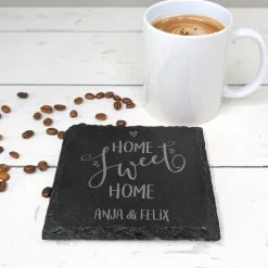 Schiefer-Untersetzer 'Home Sweet Home' personalisiert mit Namen für Paare als Einweihungsgeschenk