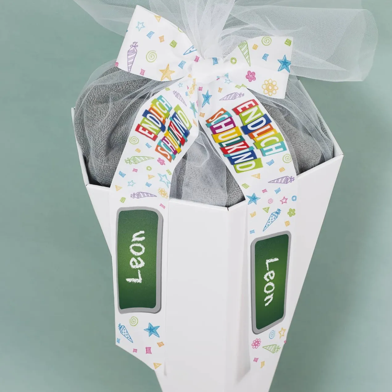 Schleifenband für Zuckertüten - Endlich Schulkind - mit Namensaufdruck