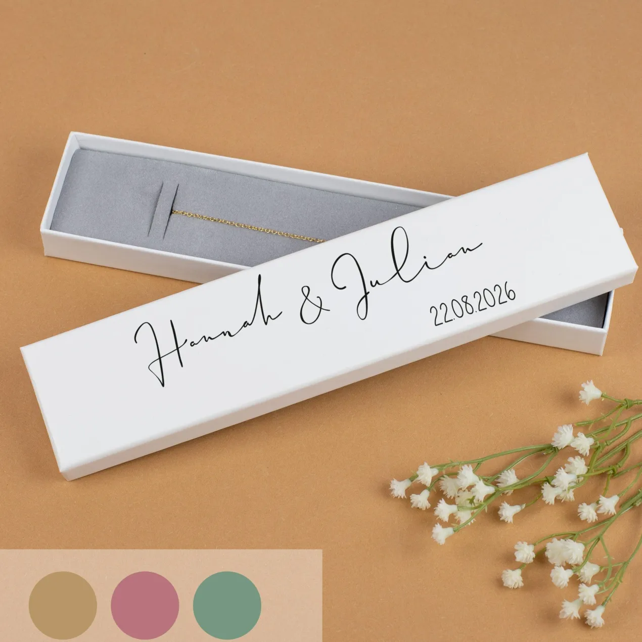 Schmuckverpackung personalisiert mit Namen & Datum für Armbänder zur Hochzeit oder Valentinstag
