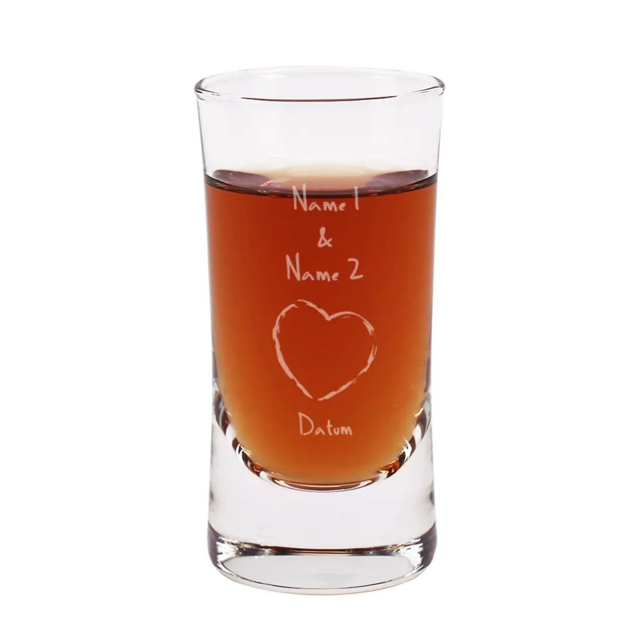 Schnapsglas zur Hochzeit mit Herz-Motiv, Namen und Datum