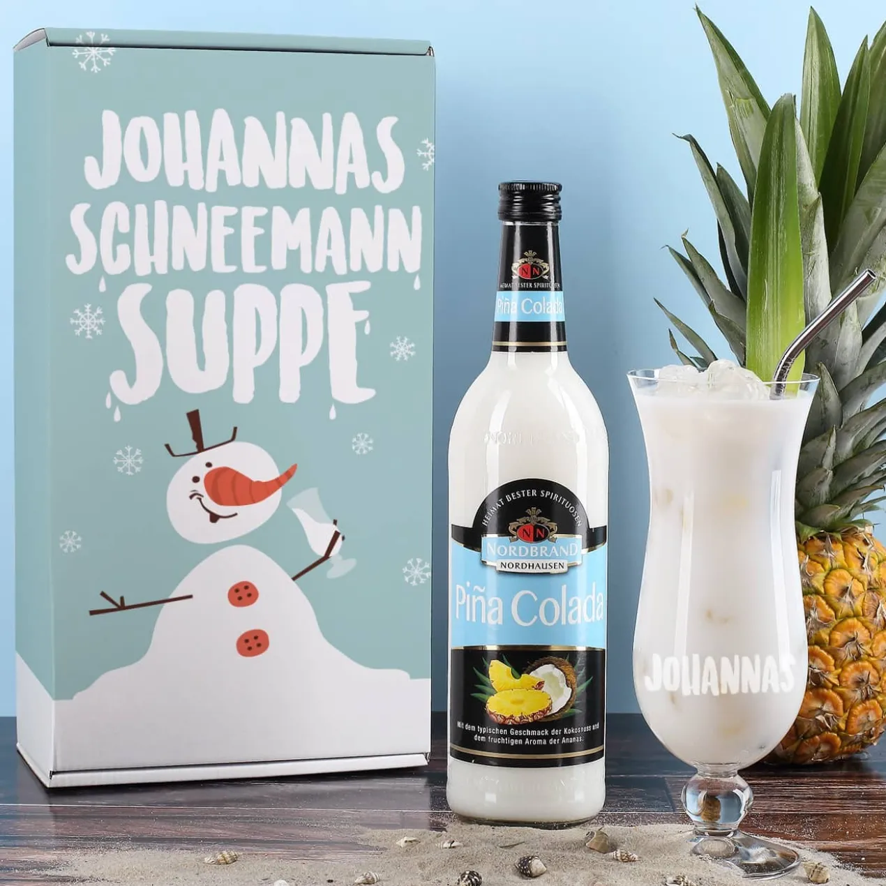 Schneemannsuppe - Pina Colada Geschenkset mit Ihrem Wunschnamen