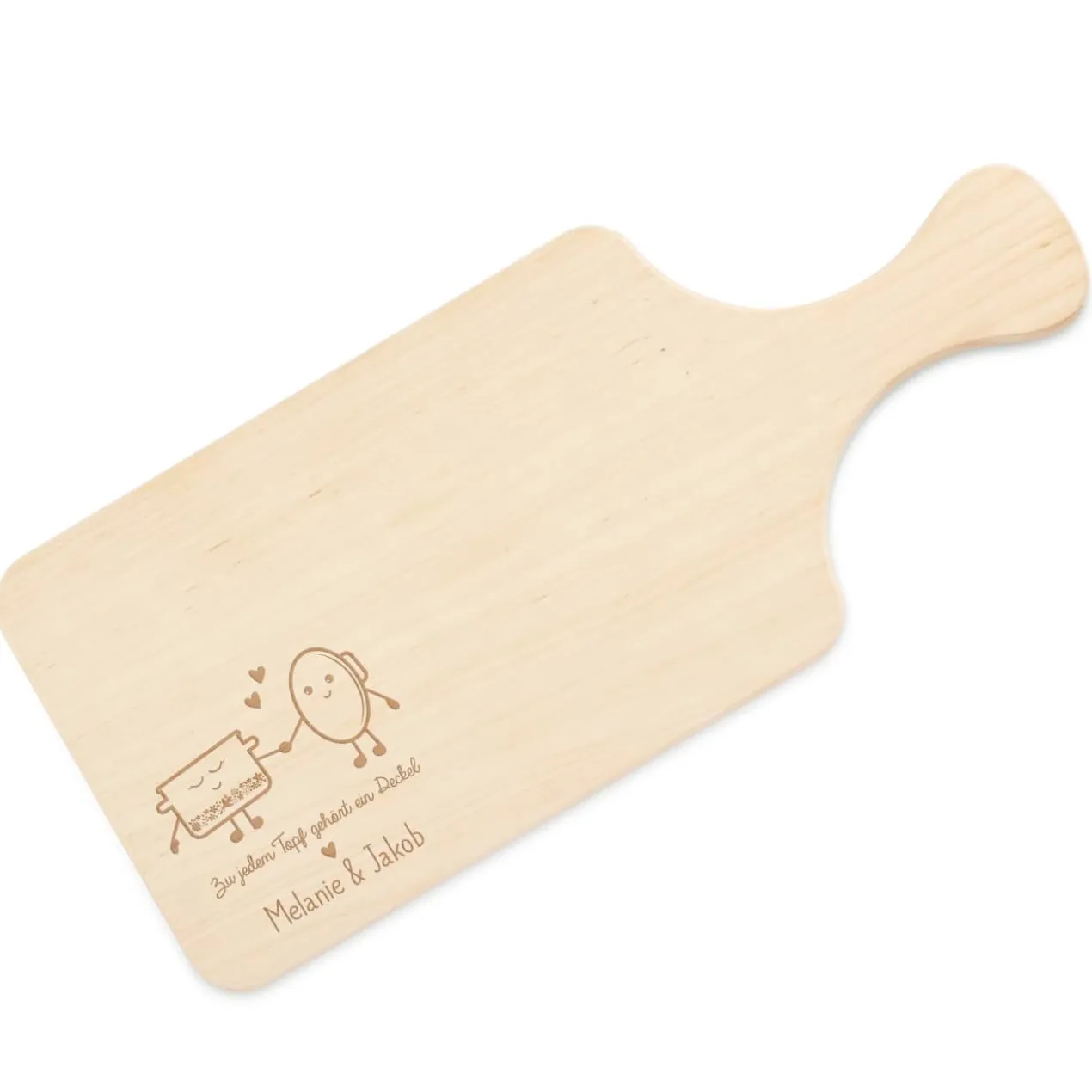 Schneidebrett aus Holz graviert mit Topf und Deckel und Namen