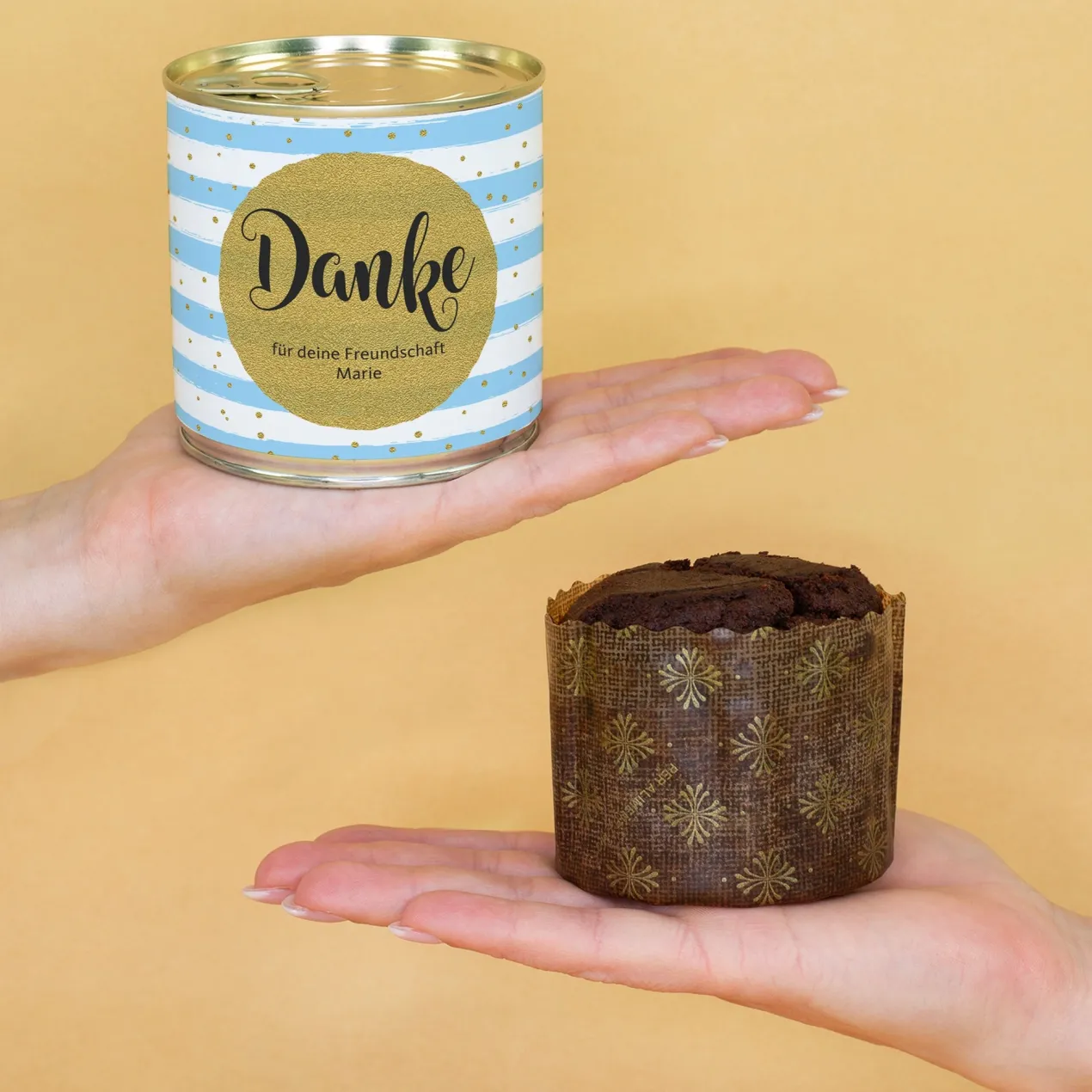 Schoko Brownie in der Dose als Dankeschön Geschenk mit Wunschtext personalisiert in Bäckerqualität