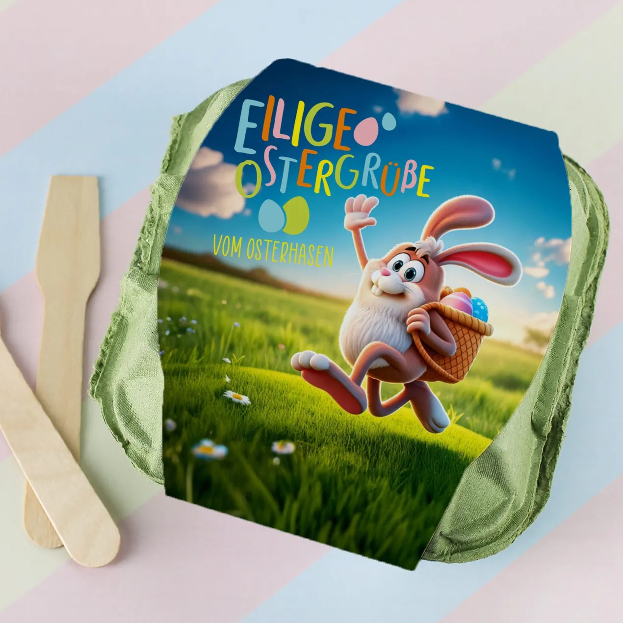 Schokoeier "Eilige Ostergrüße" in personalisiertem Eierkarton mit Wunschtext | 4 Löffeleier