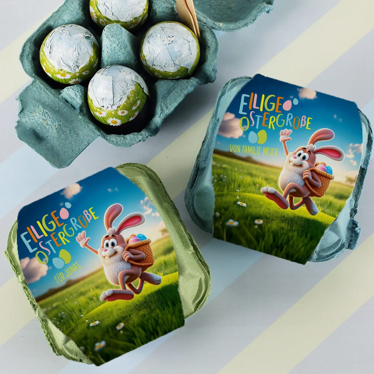 Schokoeier "Eilige Ostergrüße" in personalisiertem Eierkarton mit Wunschtext | 4 Löffeleier