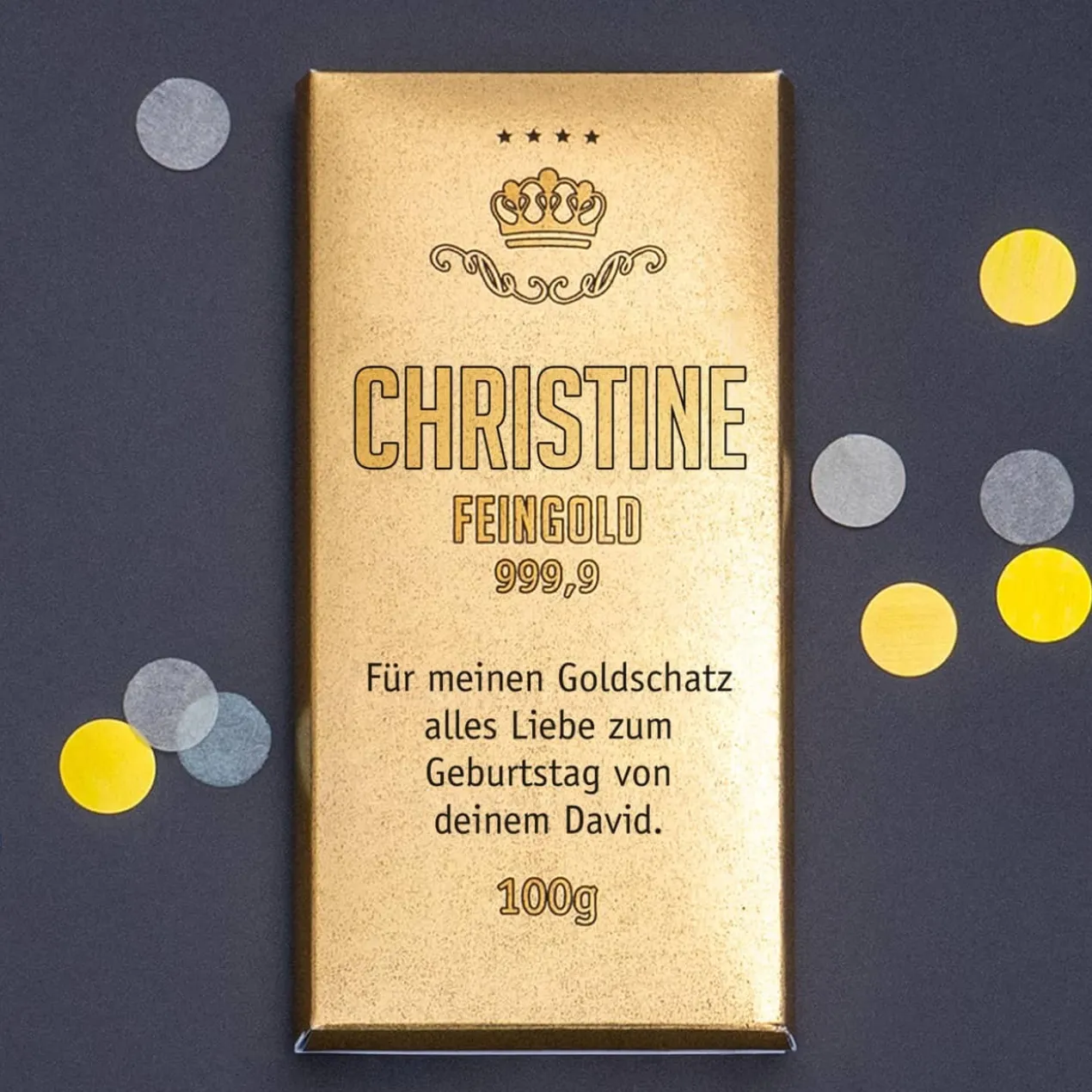 Schokolade in Goldbarren-Optik mit Name und Wunschtext, 100g