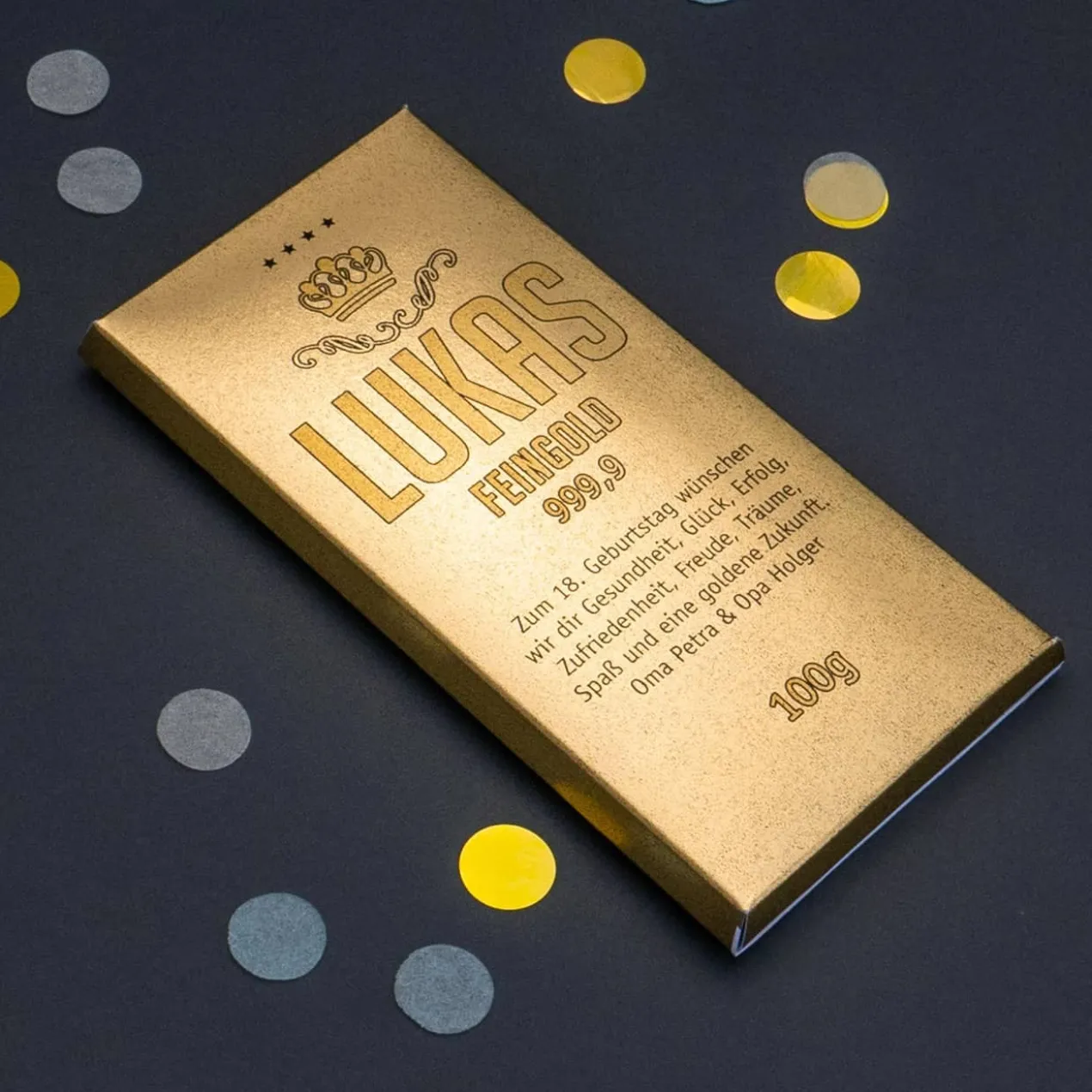 Schokolade in Goldbarren-Optik mit Name und Wunschtext, 100g