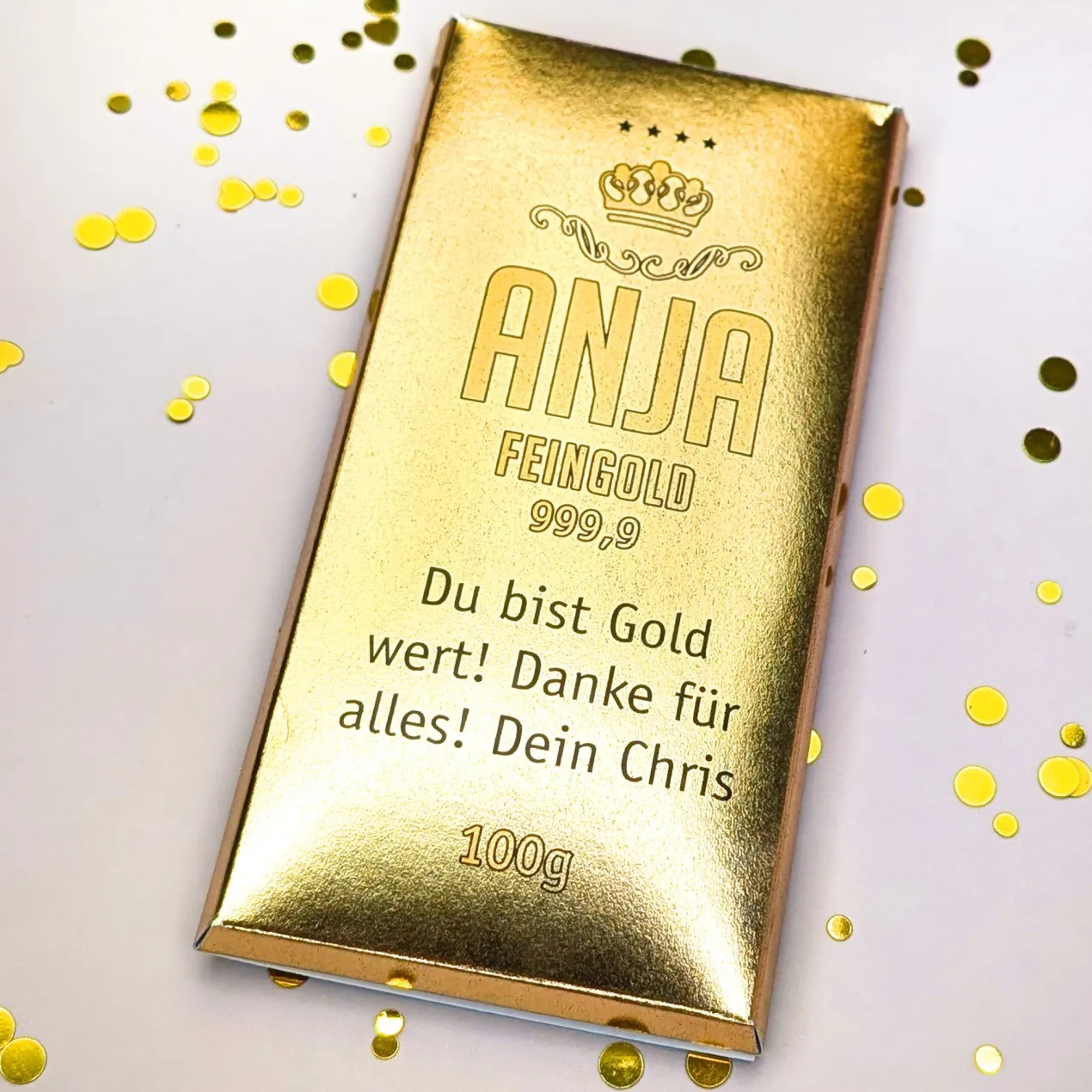 Schokolade in Goldbarren-Optik mit Name und Wunschtext, 100g