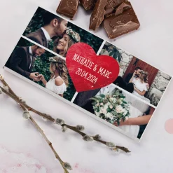 Schokolade mit vier Fotos und Wunschtext im Herz