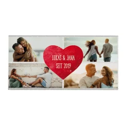 Schokolade mit vier Fotos und Wunschtext im Herz