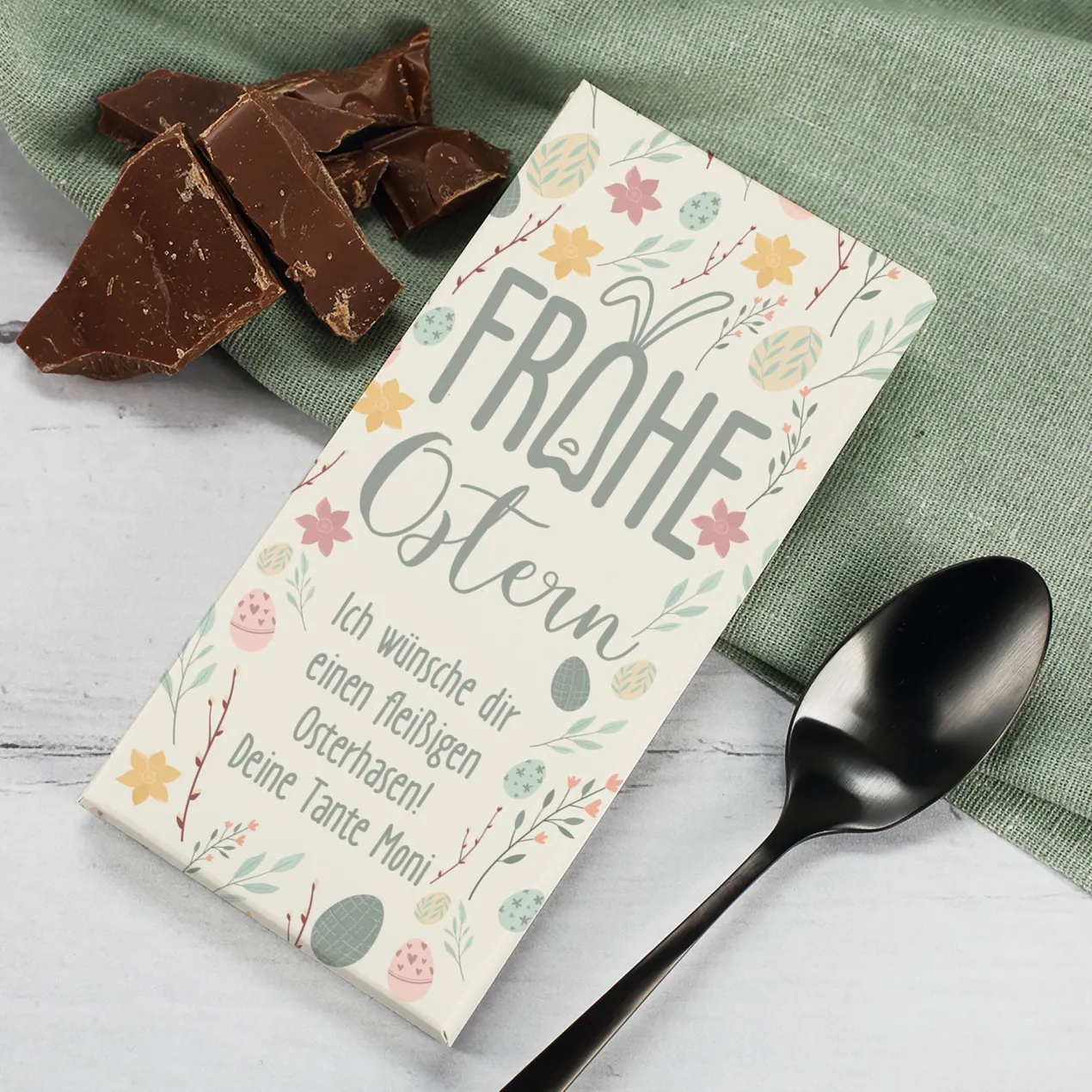 Schokoladentafel zu Ostern mit Wunschtext und pastellfarbenen Motiven | 100g