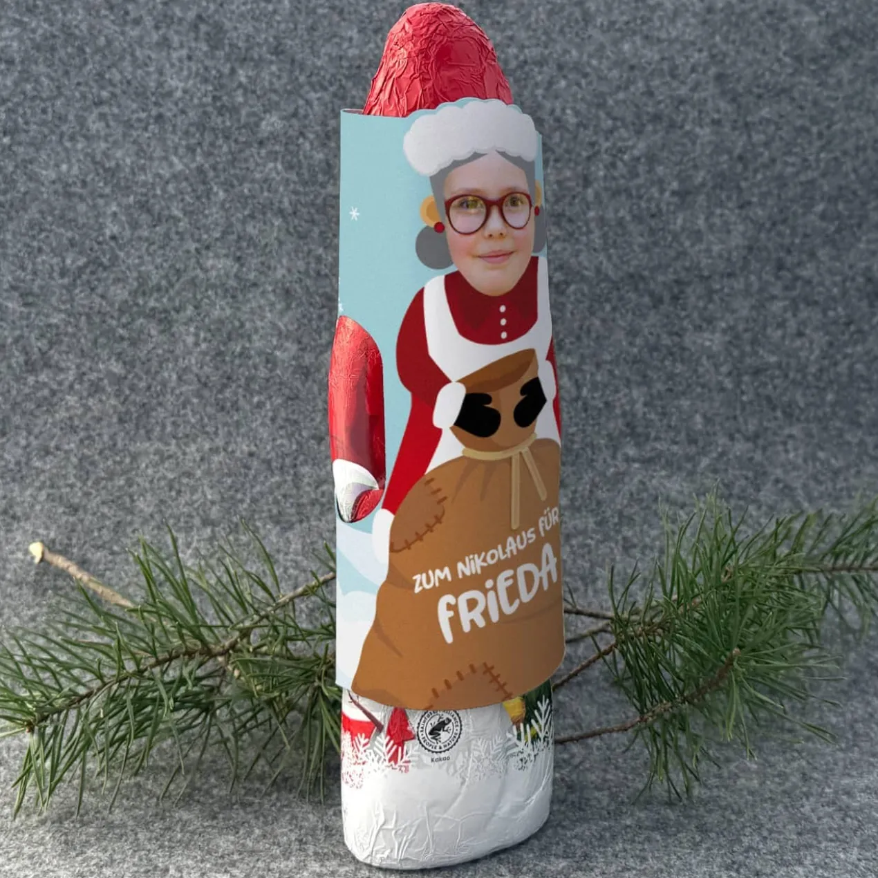 Schokoladen Weihnachtsfrau mit Ihrem Gesicht und Wunschtext, 200 g