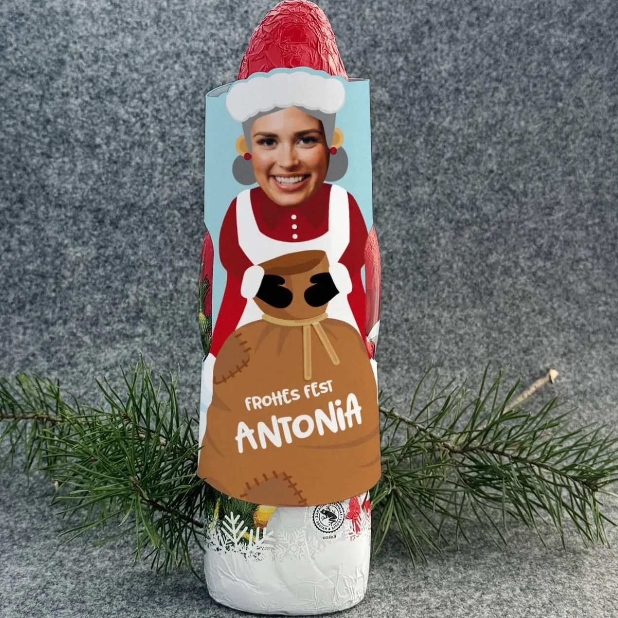 Schokoladen Weihnachtsfrau mit Ihrem Gesicht und Wunschtext, 200 g