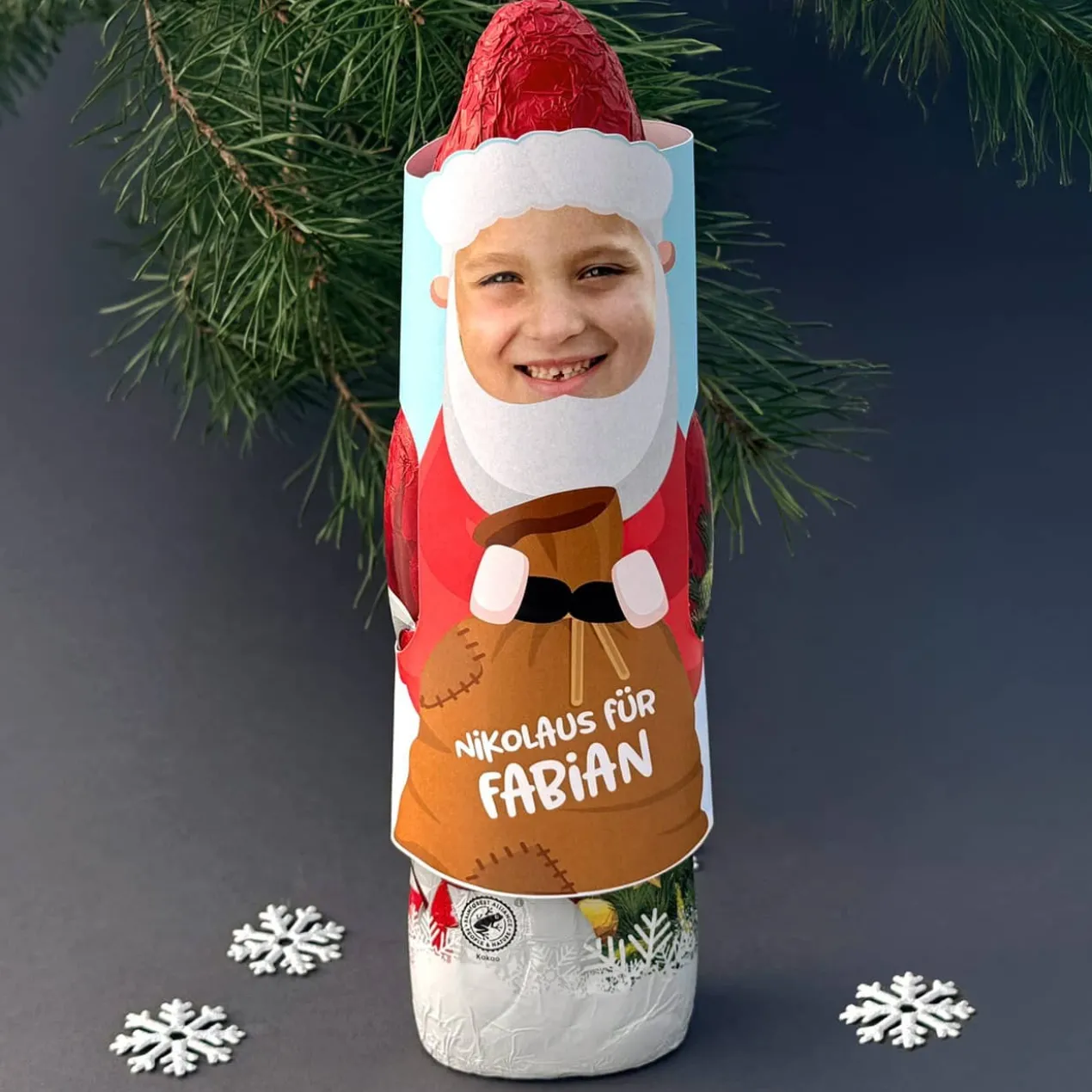 Schokoladen Weihnachtsmann mit Ihrem Gesicht und Wunschtext, 200 g