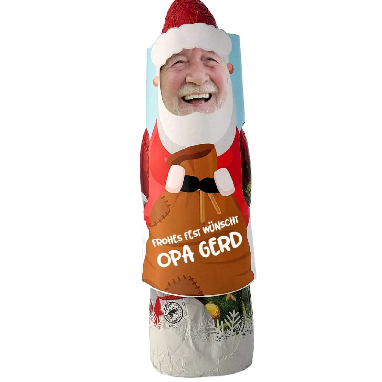 Schokoladen Weihnachtsmann mit Ihrem Gesicht und Wunschtext, 200 g
