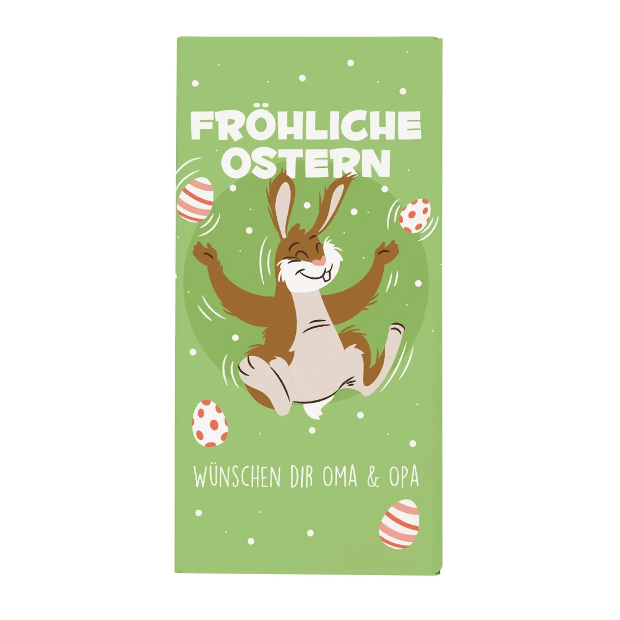 Schokolade zu Ostern mit Wunschtext und fröhlichem Osterhasenmotiv
