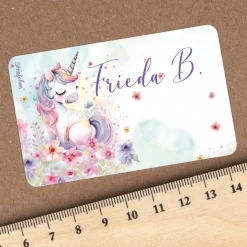 Schulaufkleber mit Einhorn-Motiv, Blumen und Name, 100 Stck. im Set