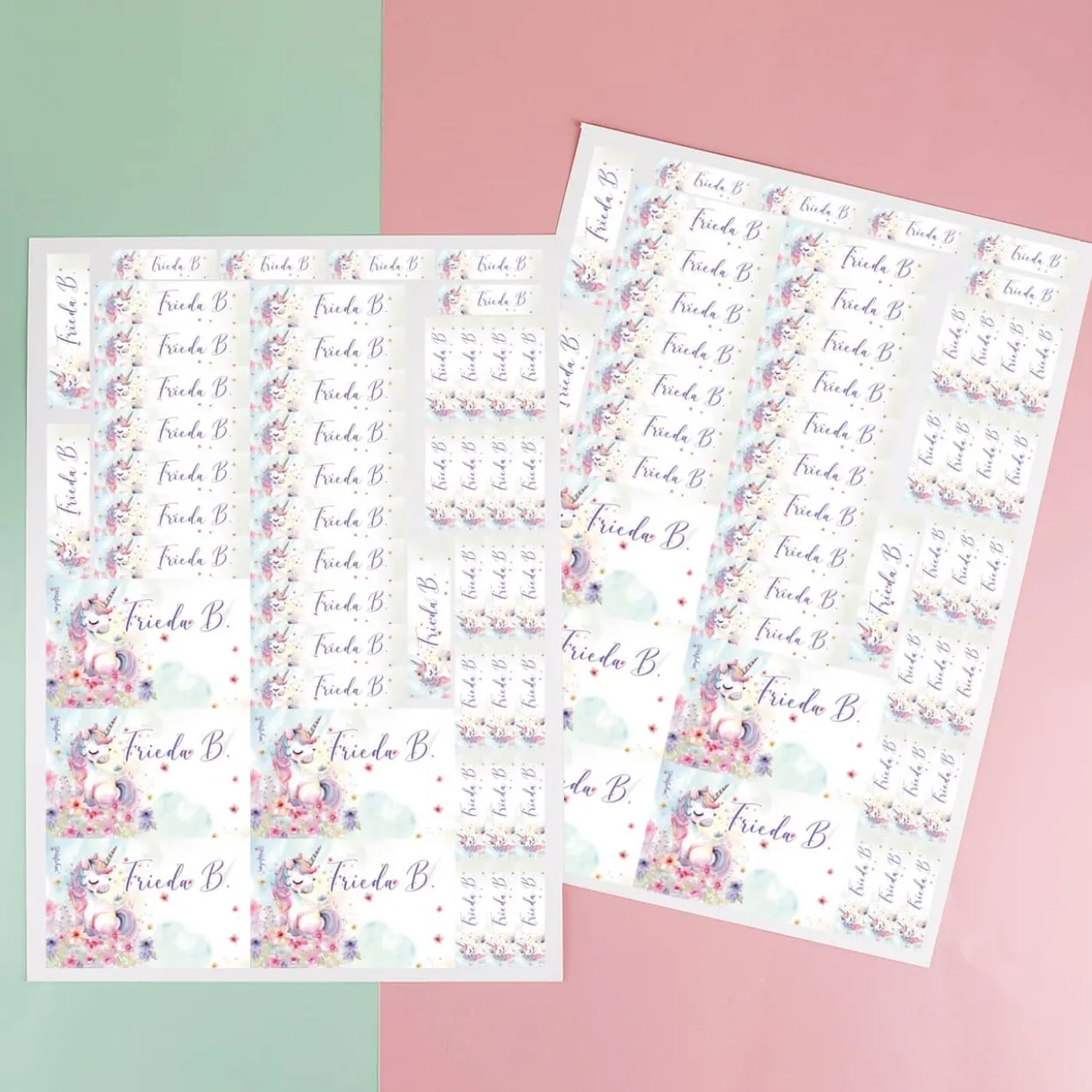 Schulaufkleber mit Einhorn-Motiv, Blumen und Name, 100 Stck. im Set