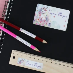 Schulaufkleber mit Einhorn-Motiv, Blumen und Name, 100 Stck. im Set