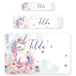 Schulaufkleber mit Einhorn-Motiv, Blumen und Name, 100 Stck. im Set