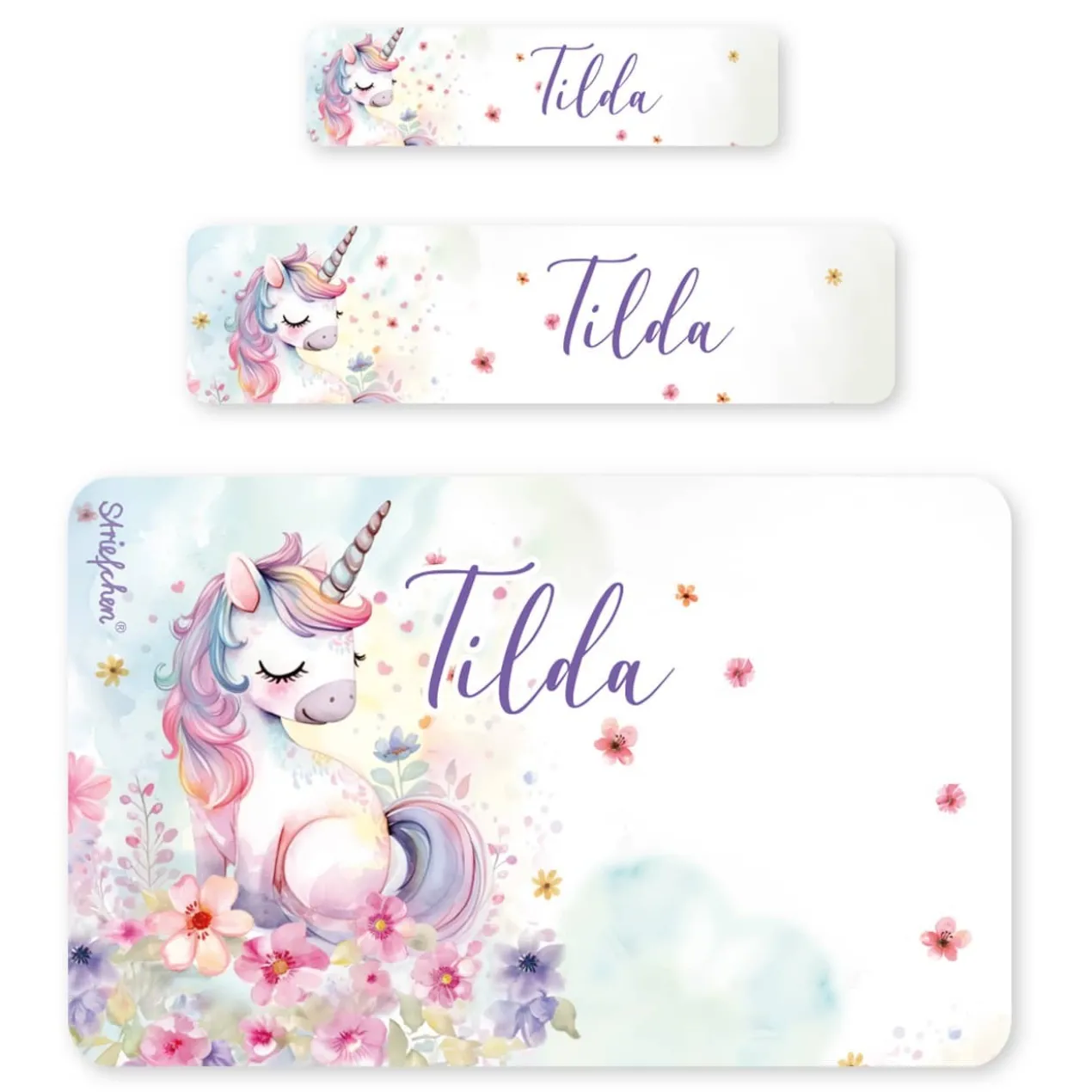 Schulaufkleber mit Einhorn-Motiv, Blumen und Name, 100 Stck. im Set