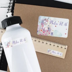 Schulaufkleber mit Einhorn-Motiv, Blumen und Name, 100 Stck. im Set