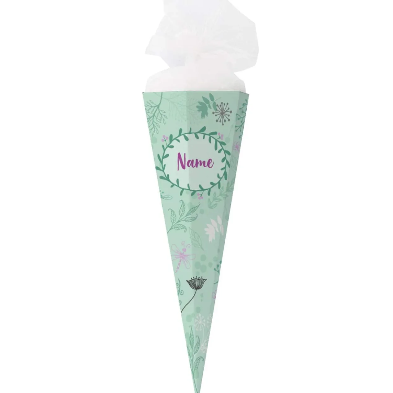 Schultüte mit floralem Muster, Libelle und Name