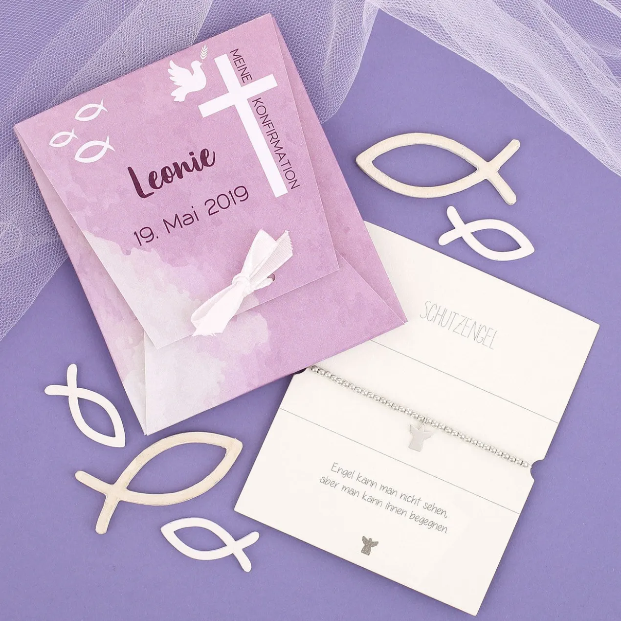 Schutzengel Armband zur Konfirmation in personalisierter Verpackung | Lila oder Türkis