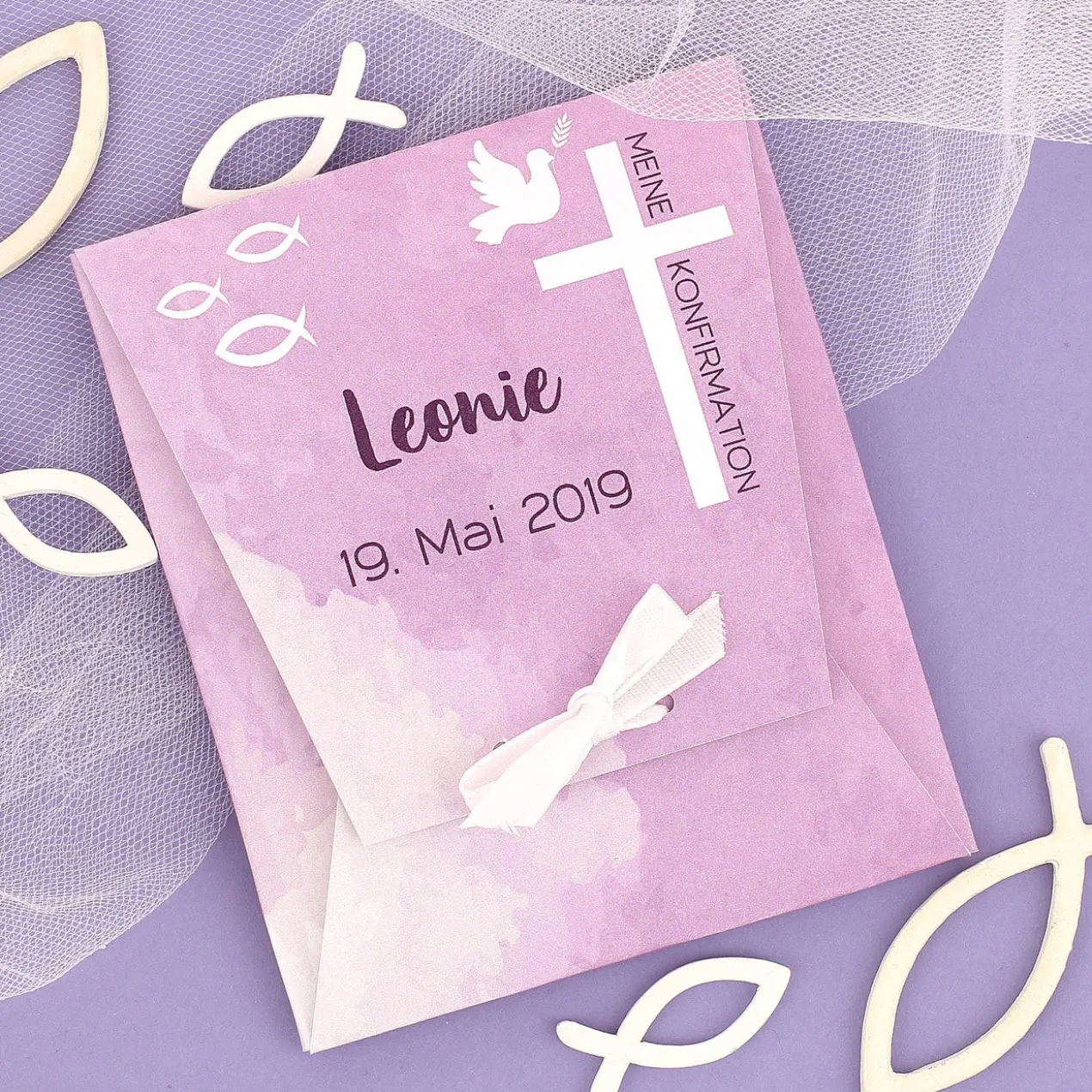 Schutzengel Armband zur Konfirmation in personalisierter Verpackung | Lila oder Türkis