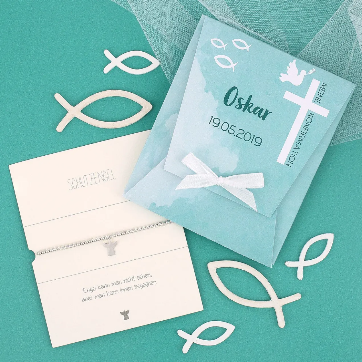 Schutzengel Armband zur Konfirmation in personalisierter Verpackung | Lila oder Türkis
