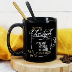 Schwarze individuelle Kaffeetasse - Kaffee schwarz, mit Milch oder Zucker