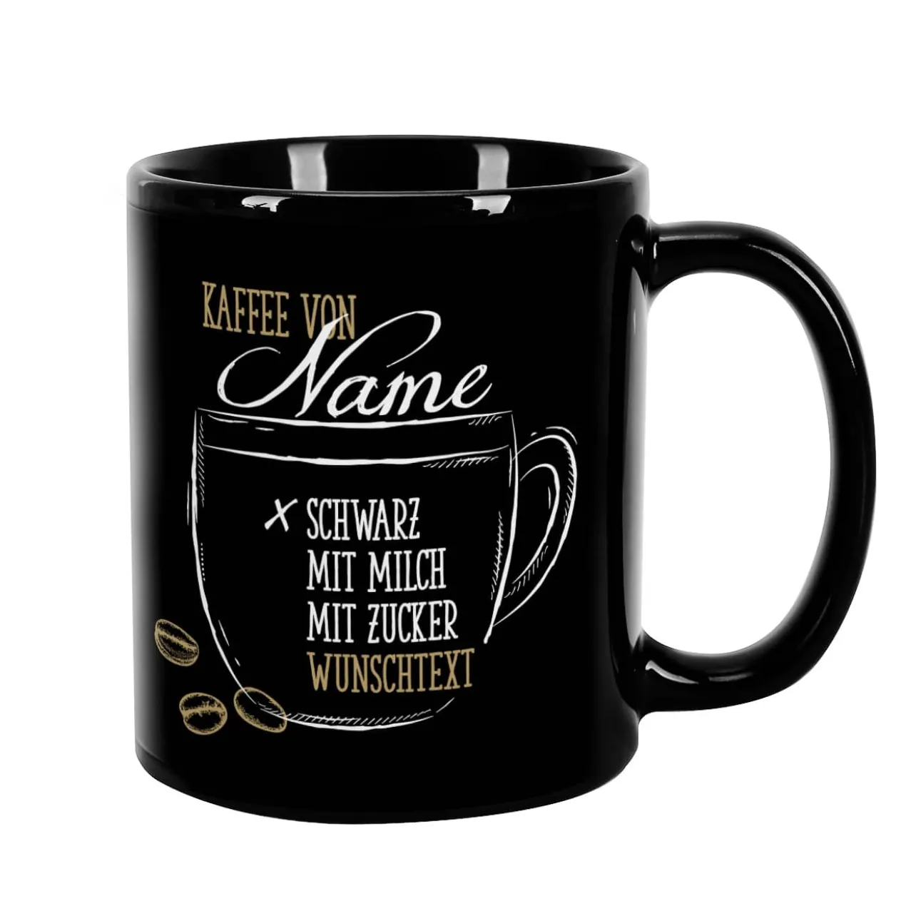Schwarze individuelle Kaffeetasse - Kaffee schwarz, mit Milch oder Zucker
