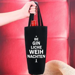 Schwarzer Flaschenbeutel mit weihnachtlichem GIN Spruch bedruckt