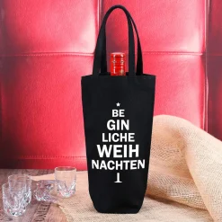 Schwarzer Flaschenbeutel mit weihnachtlichem GIN Spruch bedruckt